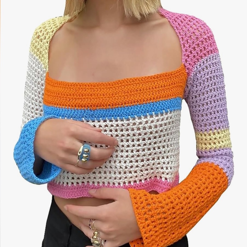 Crochet Color Block Sweater - cropped, boatneck sweater, bell sleeves, Y2K